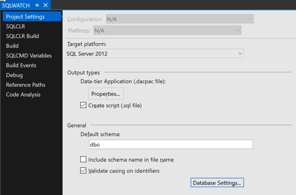 Visual Studio Database Properties
